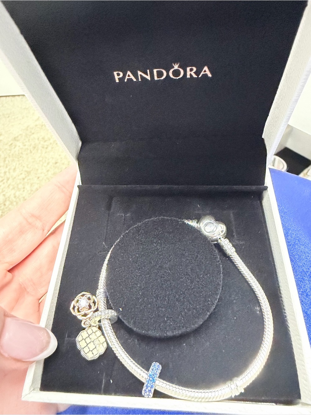 Brand New in box Pandora Silver Bracelet with Blue and Gold Accents